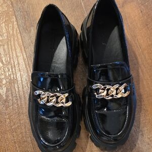 Black Patent Loafers with Gold Chain Detail Size 8.5 New